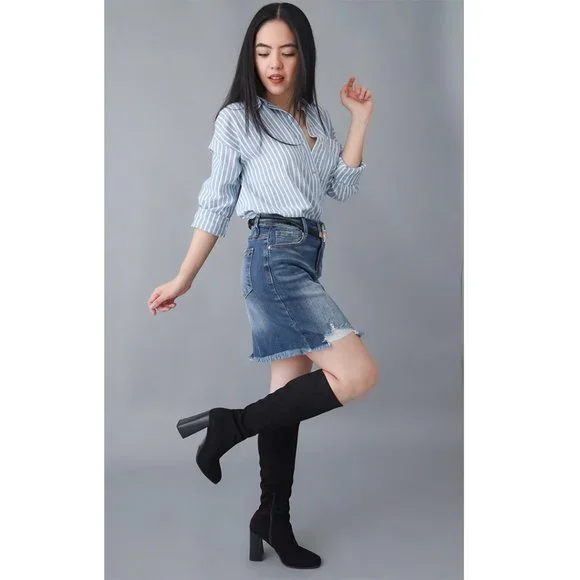 Black Microsuede Block Heel Knee High Boots - Picture 3 of 6